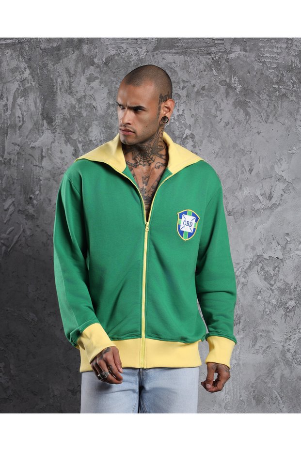 Retro 1970 Tracksuit Top Green Yellow Zippered Sweatshirt