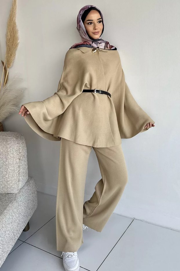 Gülseli Women's Gold Buttoned Belt Detailed Knitwear Poncho Trousers Hijab Double Set