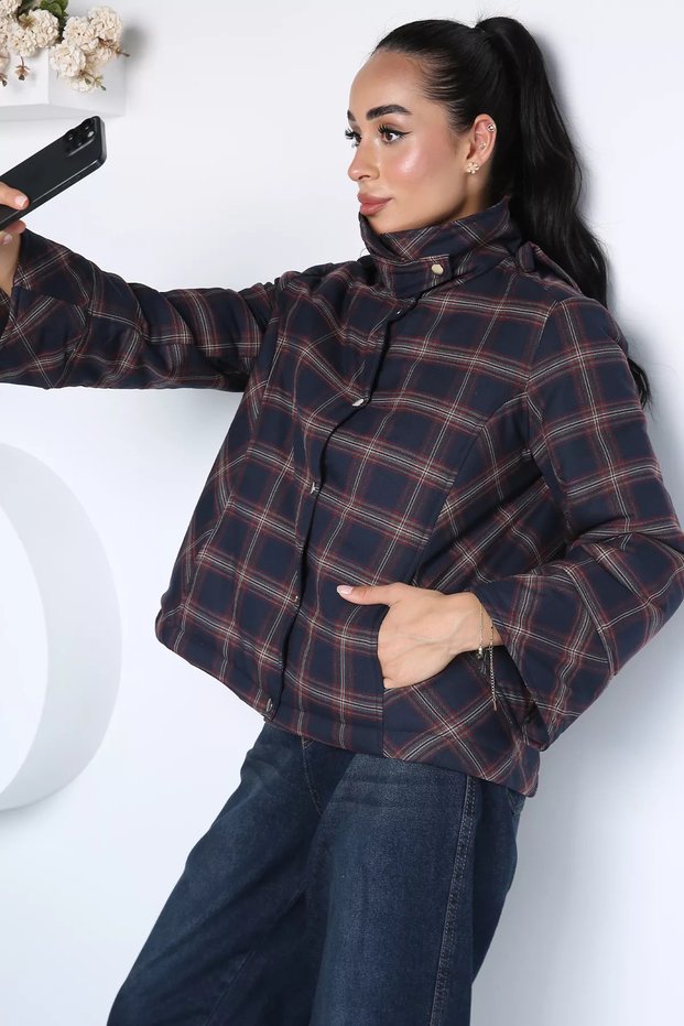 Perry Women's Plaid Patterned Seasonal Coat with Detachable Hood and Snap Buttons on the Front