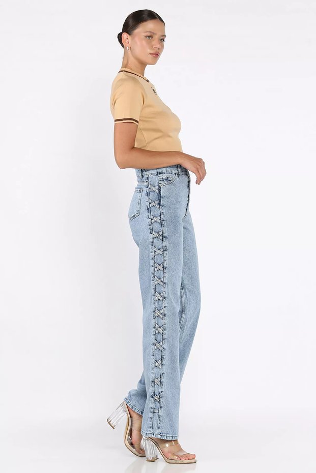 Stone Detailed High Waist Wide Leg Women's Jean Denim Trousers