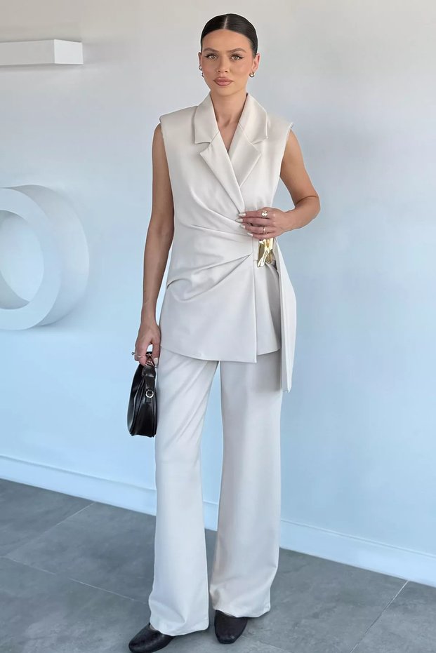 Women's Double-Breasted Collar Gold Detailed Vest and Elastic Waist Trousers Two-Piece Set