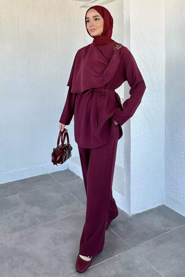 Elastic Waist Trousers with Gold Buckle Detail, Tie-Waist Tunic, Islamic Clothing, Double Layer