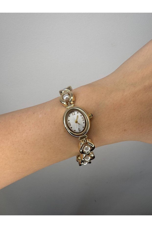 Pearl Detailed Oval Dial Vintage Women's Wristwatch - Gold Color - White Dial