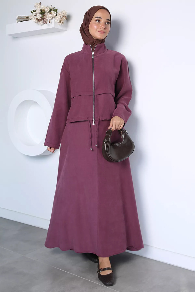 City Style Jacket and Elastic Skirt Two-Piece Set with Hijab