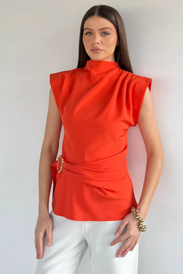 Women's Stand Collar Blouse with Draped Waist and Shoulder Belt Detail