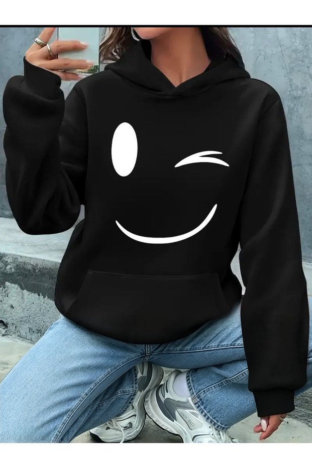 Smiley Emoji Printed Hooded Sweatshirt