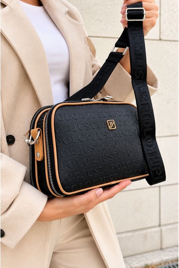 Justpolo Women's Black 5-Compartment Adjustable Long-Strap Shoulder Bag Messenger Bag