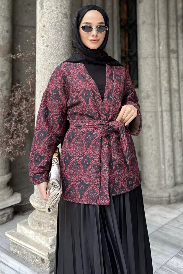 Belted Ethnic Pattern Quilted Hijab Jacket