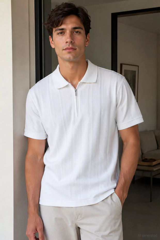 Men's Polo Collar Self-Patterned Front Half Zipper T-Shirt