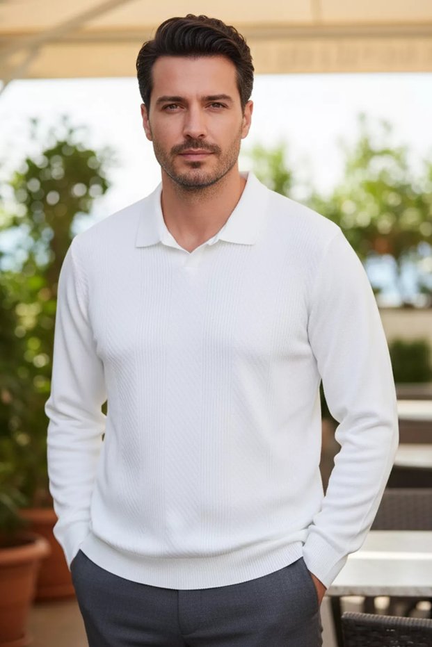 Men's Polo Neck Self-Patterned Knit Sweater