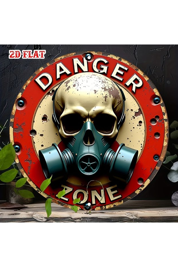 Round 20X20CM Danger Zone Skull & Gas Mask Vintage Metal Sign - 19.81x19.81cm Aluminum Round Wall Ar