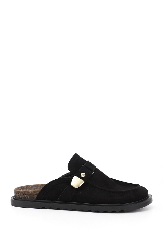Women's Black Suede Buckle Slippers