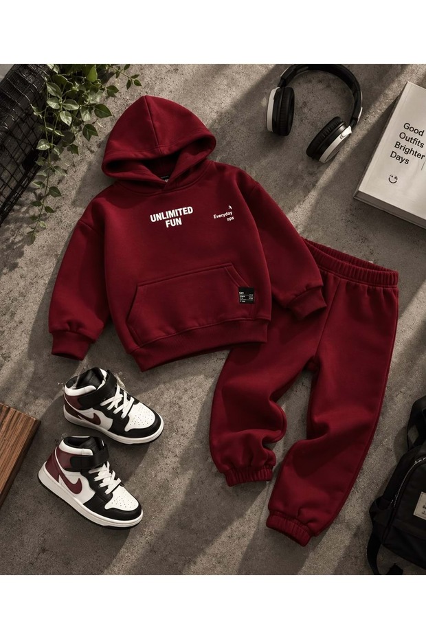 Boy's 3-Thread Tracksuit Set with Slogan Text Detail