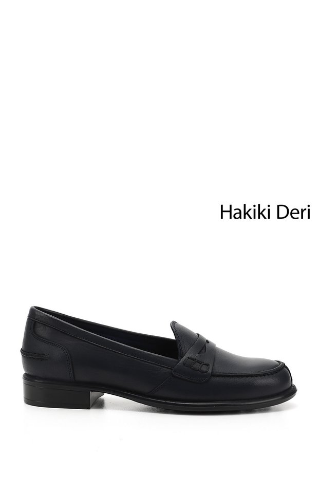 Navy Blue Antique Gön Genuine Leather Round Toe Short Heeled Loafer Women's Casual Shoes 24138
