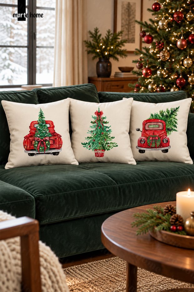 Christmas Themed Printed Set of 3 Decorative Throw Pillow Covers