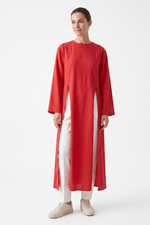 Slit Long Tunic Y0162 - Red