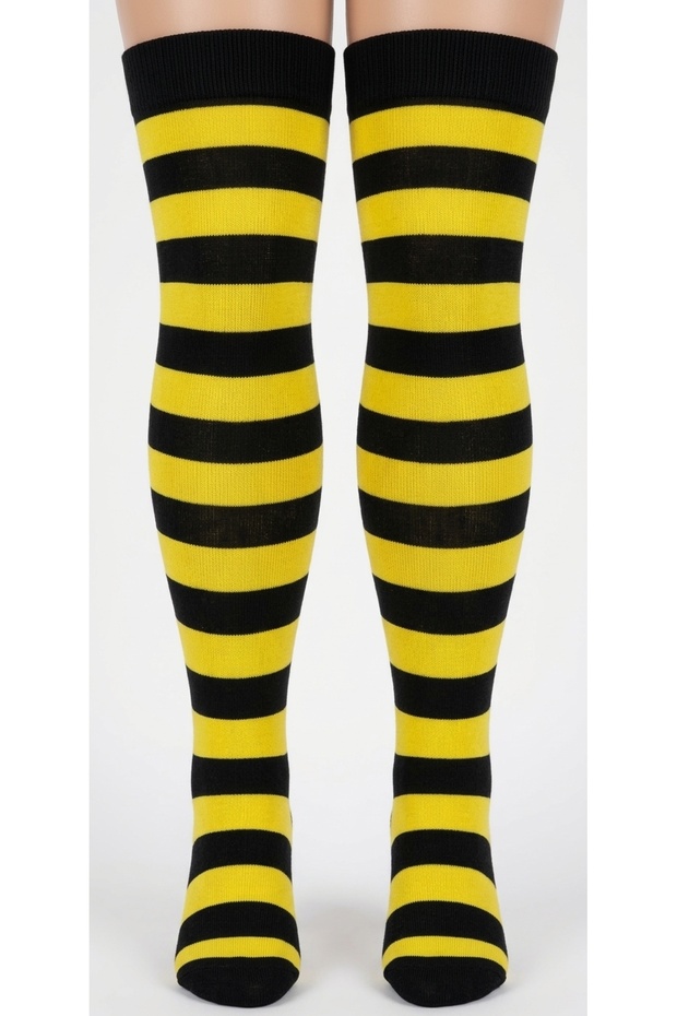 Women's Black Yellow Striped Cotton Knee High Socks - Patterned Socks