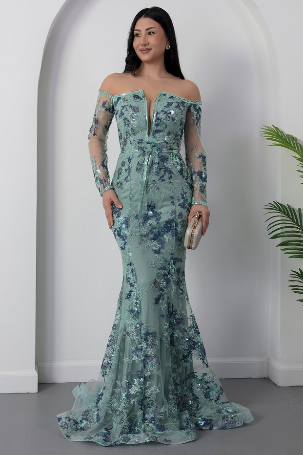 Crew Neck Sequin Detailed Tulle Dress 6087