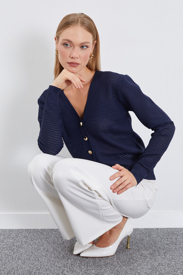 Buttoned V-Neck Openwork Knitwear Cardigan