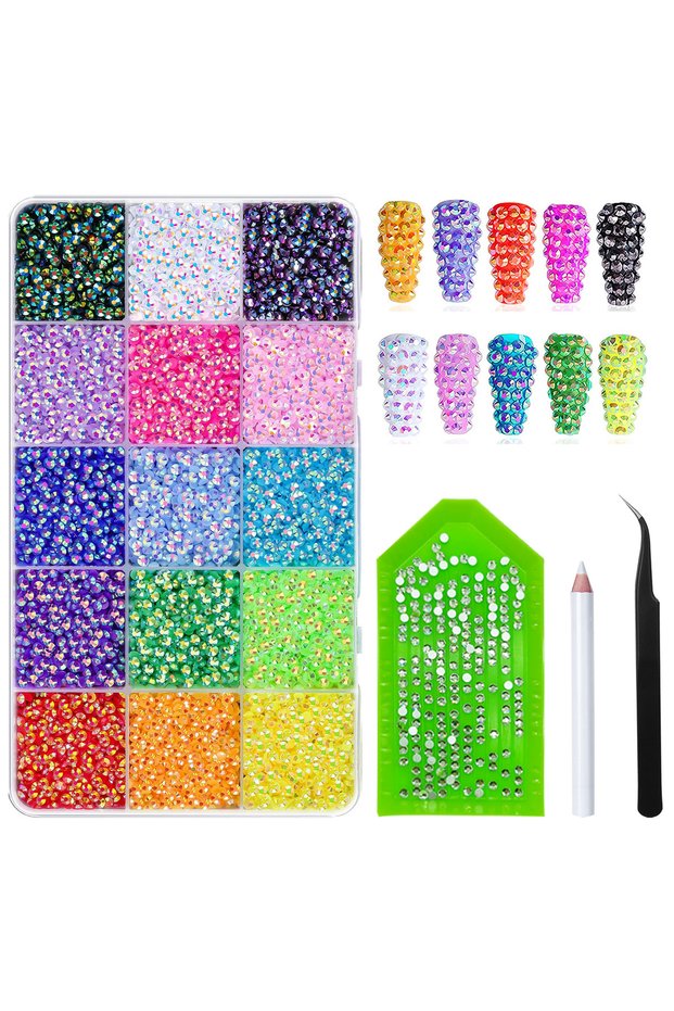 9700Pcs Multi-Colored 9700PCS Nail Rhinestones, 15 Colors 3mm Flat Bottomed Circular Resin Rhineston