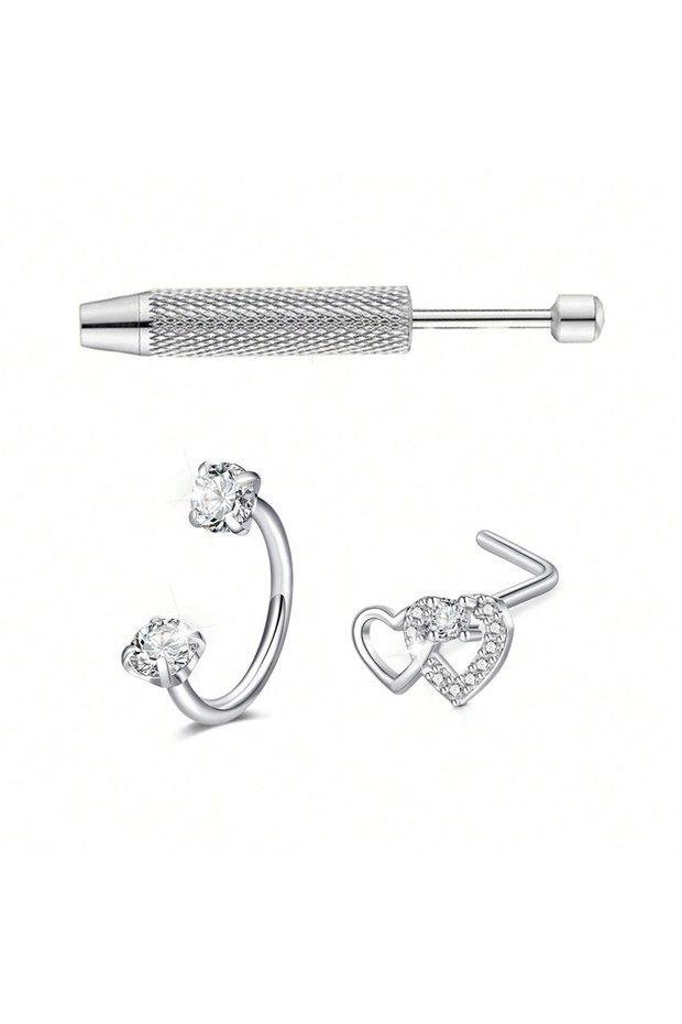 A Skeleton 18G 1.0x8mm Face Nose Rings & Studs 3pcs/Set Heart Horseshoe Nose Ring Nose Studs, Silver