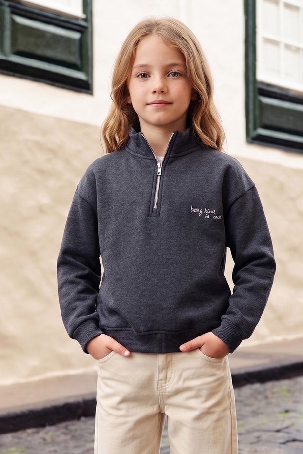 3 Thread Half-Zipper High Collar Girls' Sweatshirt