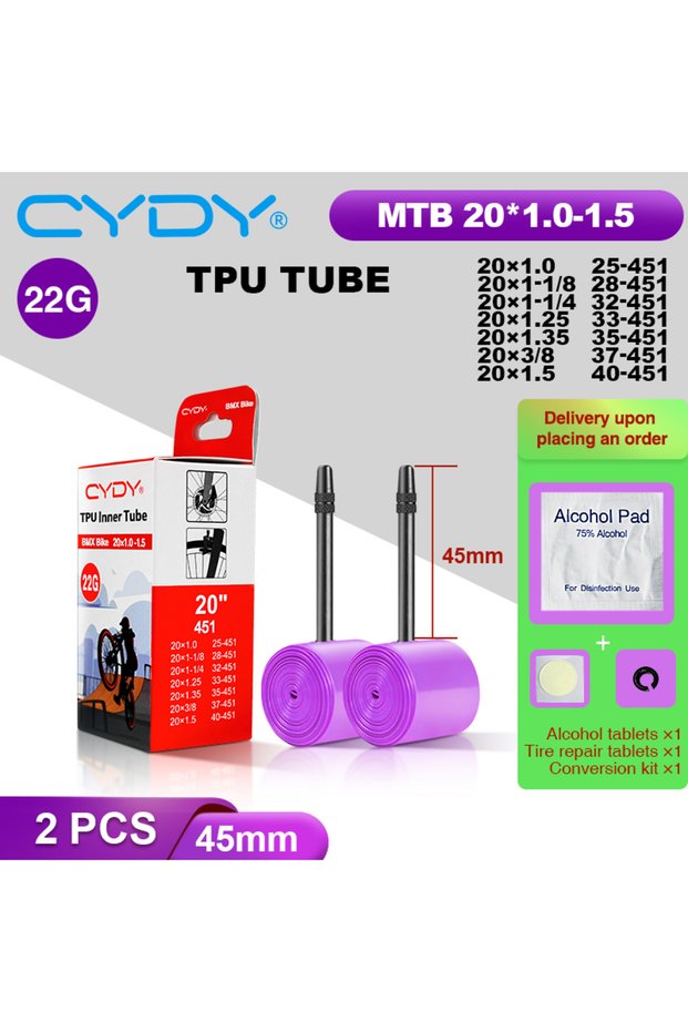 451 20x1.0-1.5 2PC 45mm 22g CYDY TPU Bike Inner Tube Camera 20' 451 20x1.0 1-1/8 1-1/4 1.25 1.35 1-3