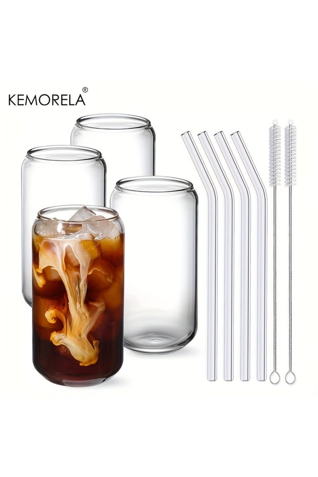 301-400ml Drinking Glasses Cup with Glass Straw 4pcs Set Can Shaped For Beer Iced Coffee Whiskey Sod