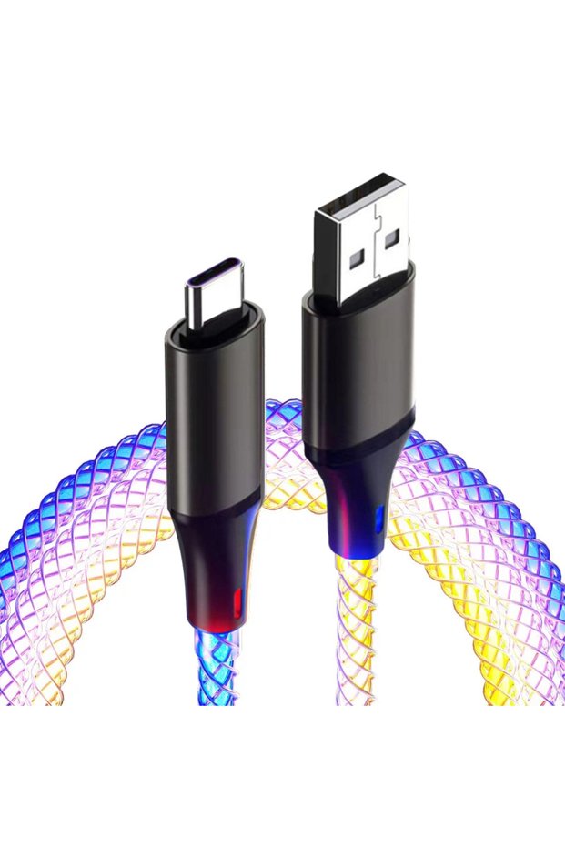 كابل بيانات من النوع C إلى USB 6A سريع الشحن بطول 1 متر، مزود بإضاءة متدرجة متوهجة RGB، بقوة 66 وات، شحن من النوع C