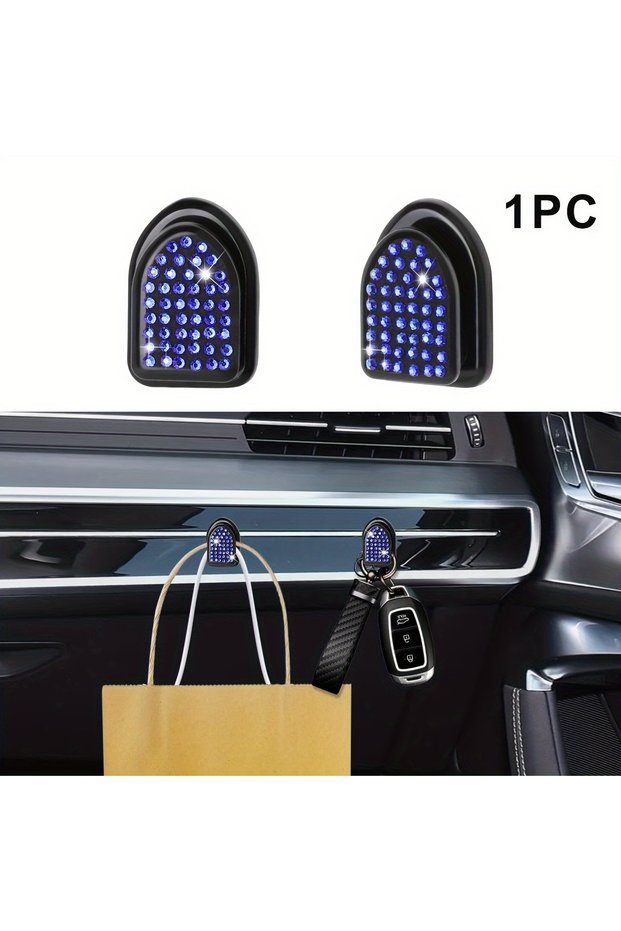 Blue 1pc Crystal Rhinestone Car Mini Hook - Multifunctional Auto Backseat Hanger, Self-Adhesive Wall