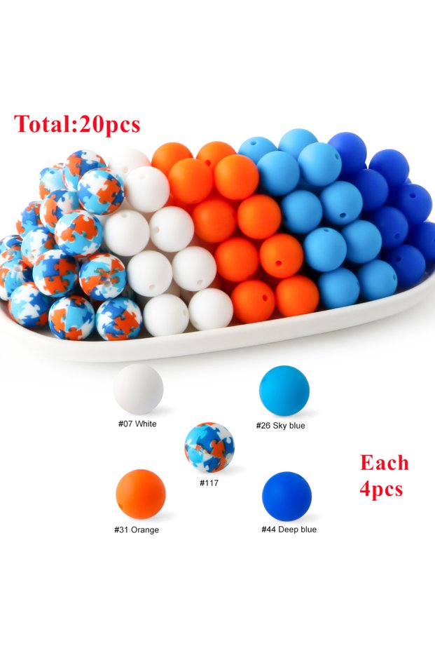 La24-13 20Pcs/Set 15MM Round Silicone Beads Mix Printed Beads Kits For Jewelry Making DIY KeyChain P