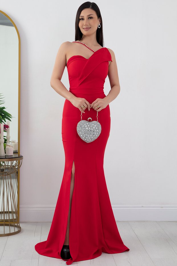 Pearl Detailed Long Fishnet Evening Dress with Slit 13218