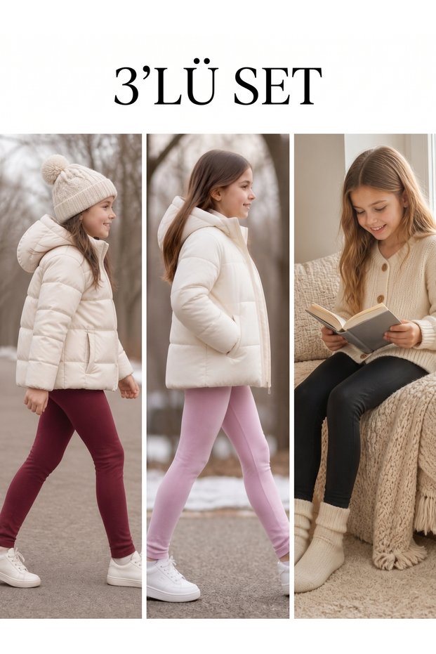 Ribbed Girls' Sweatpants Set of 3 – Burgundy, Black & Pink | Winter Warm Clothing, Elastic Waist