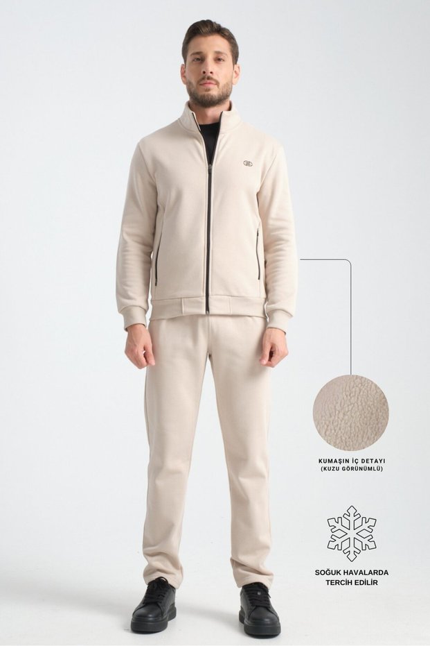 Beige Men's Winter Tracksuit Set with Thermosoft Technology, Lamb-Like Look on the Inside, Regular Fit