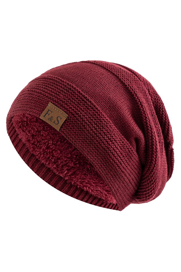 56cm-60cm Red New Unisex Slouchy Winter Hats Add Fur Lined Men And Women Warm Beanie Cap Casual Labe