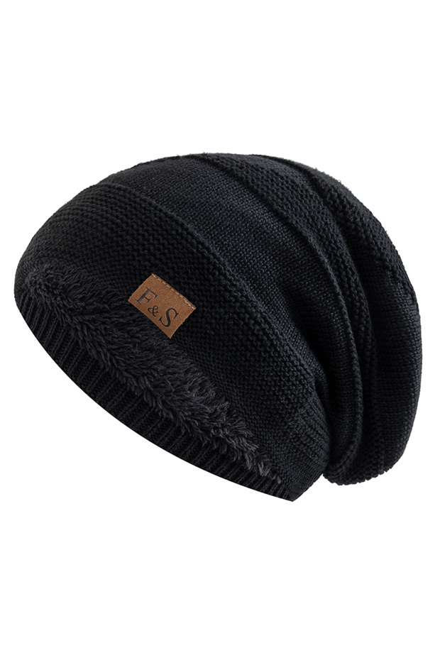 56cm-60cm Black New Unisex Slouchy Winter Hats Add Fur Lined Men And Women Warm Beanie Cap Casual La