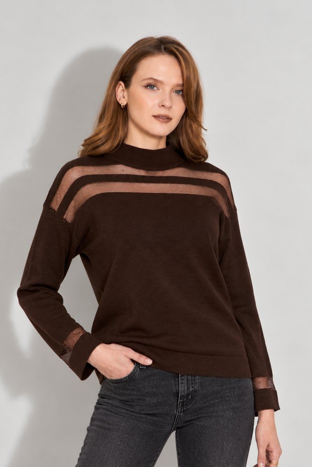 Transparent Striped Knitwear Sweater Knitwear Blouse 1107 Brown