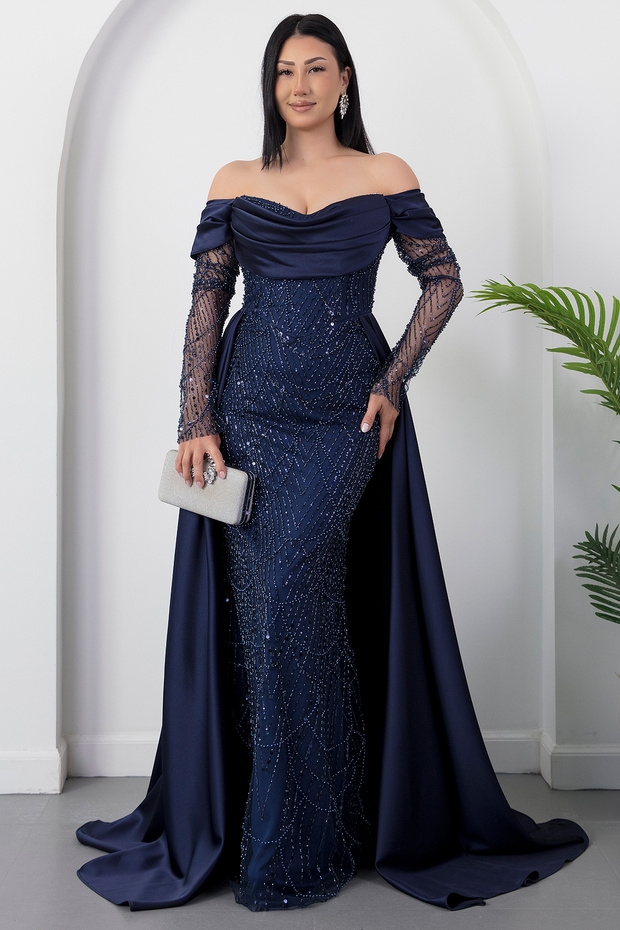 Strpalez Collar Satin Shawl Detail Beaded Dress Ecr5879