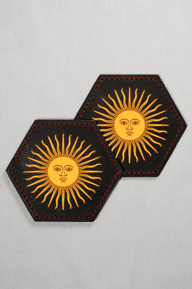 Set of 2 Leather Coasters - Genuine Vegetable Leather - Sun Printed - Handmade Coaster