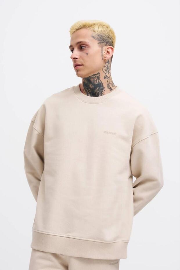 Erkek Basic Diagonal Sweatshirt Açık Bej