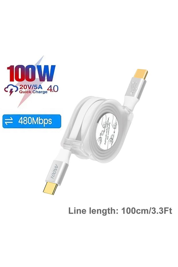PD 100W C-C (100cm) PD 100W USB C Retractable Data Cable, For iPhone 15 Pro Max For MacBook Samsung
