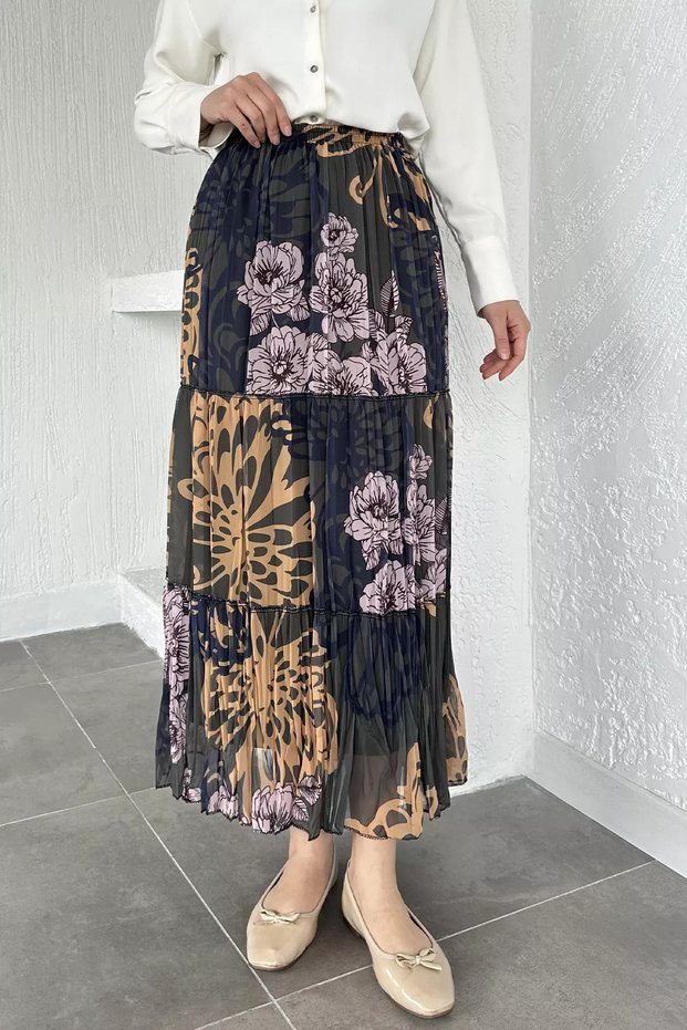 Patterned Chiffon Hijab Skirt with Elastic Waist