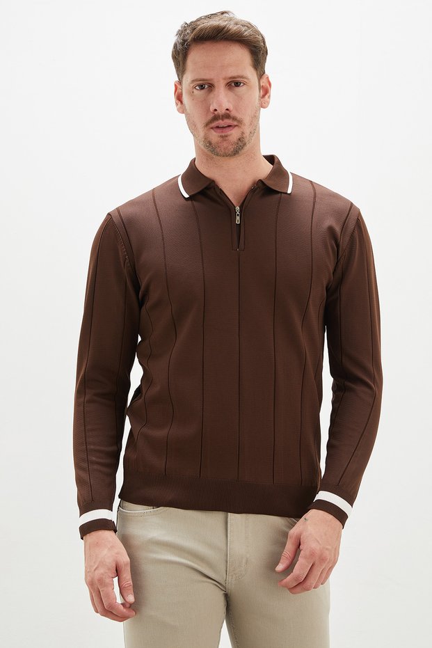Half-Zip Striped Polo Collar Knit Sweater