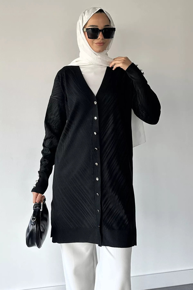Patterned Front Buttoned Hijab Knitwear Cardigan (Fits M-L-Xl)