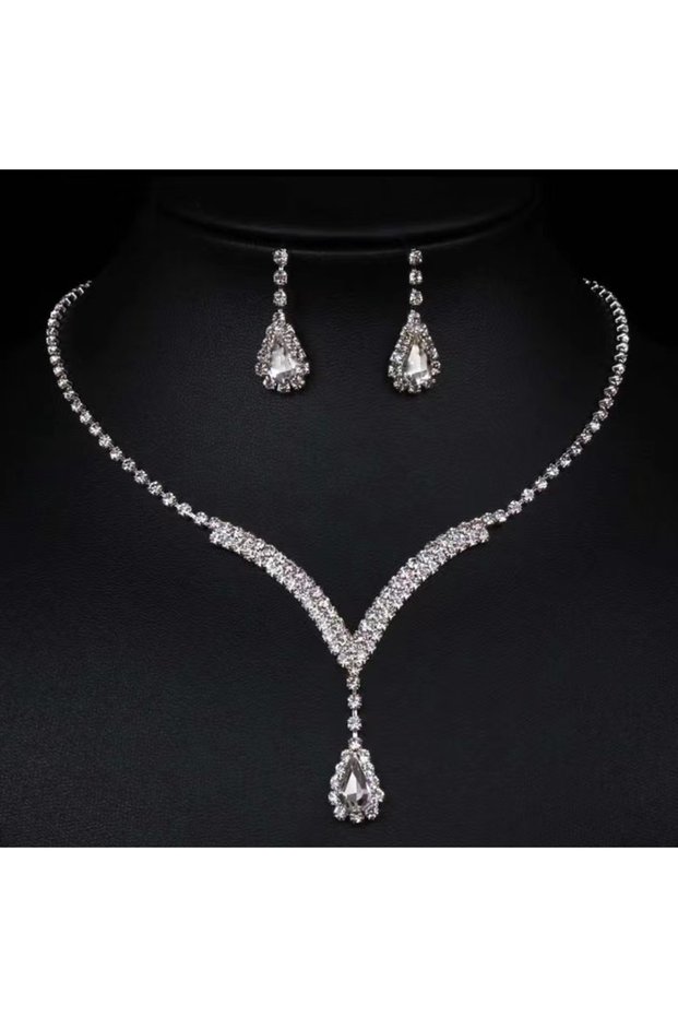 HN4637-1 Water Drop Inlaid Rhinestone Earrings Necklace Set Light Luxury Fashion Pendant Necklaces W