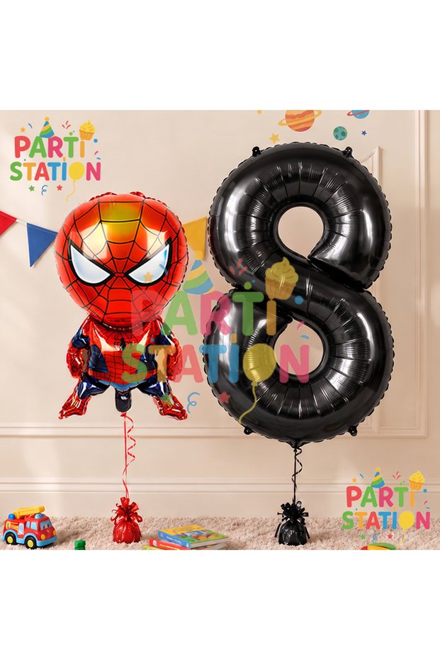 Spiderman 8th Birthday Balloon and Black Number Balloon Birthday Party Set Spiderman Balloon Set