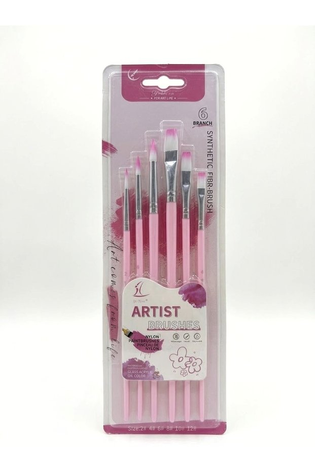 6Pcs Artist Paint Brush Set Watercolor Acrylic Gouache Synthetic Bristle Pink