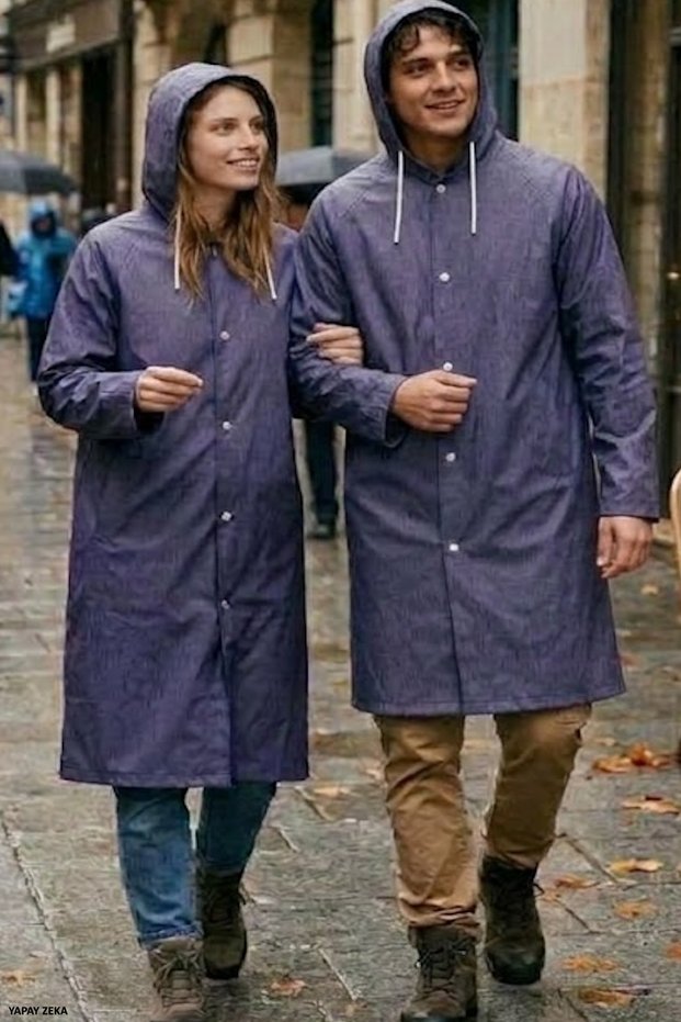 Navy Blue Color Eva Fabric Hooded Women's and Men's Raincoat
