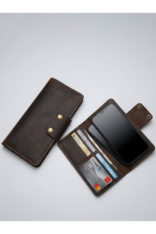 Genuine Leather Long Wallet with Phone Compartment and Snap Closure – Handmade Multifunctional Portfolio and Card Holder