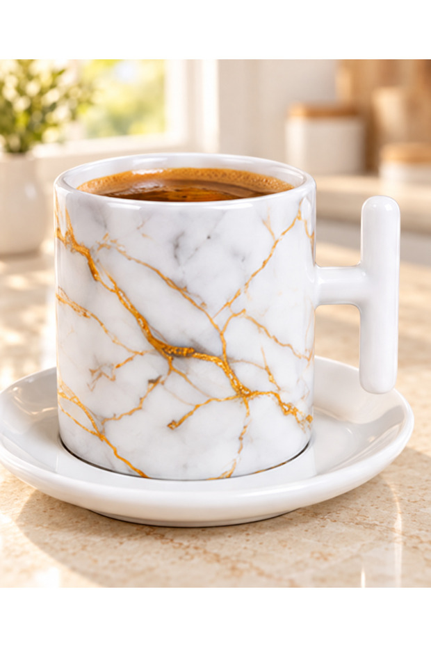 Luxury Coffee Cup with White Marble and Gold Vein Pattern